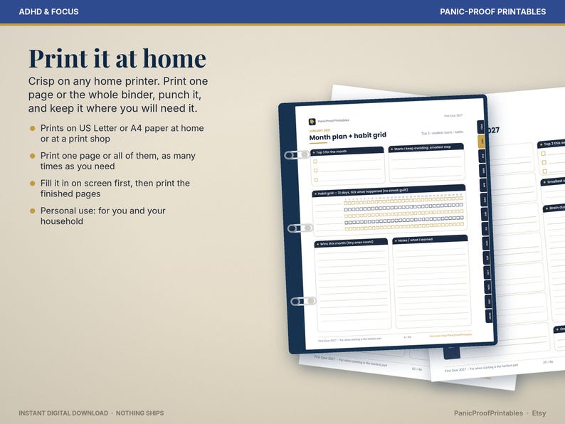 May include: A digital planner page titled Month plan + habit grid, displayed in a dark blue binder. The page features sections for goals, habits, and notes. Text includes ADHD & FOCUS, PANIC-PROOF PRINTABLES, and Print it at home.