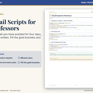 Puede incluir: Una p&aacute;gina de planificador digital titulada Email Scripts for Professors, con plantillas para solicitudes de extensi&oacute;n, clases perdidas y planificaci&oacute;n. El dise&ntilde;o incluye corchetes dorados para personalizar, texto instructivo y pesta&ntilde;as laterales.