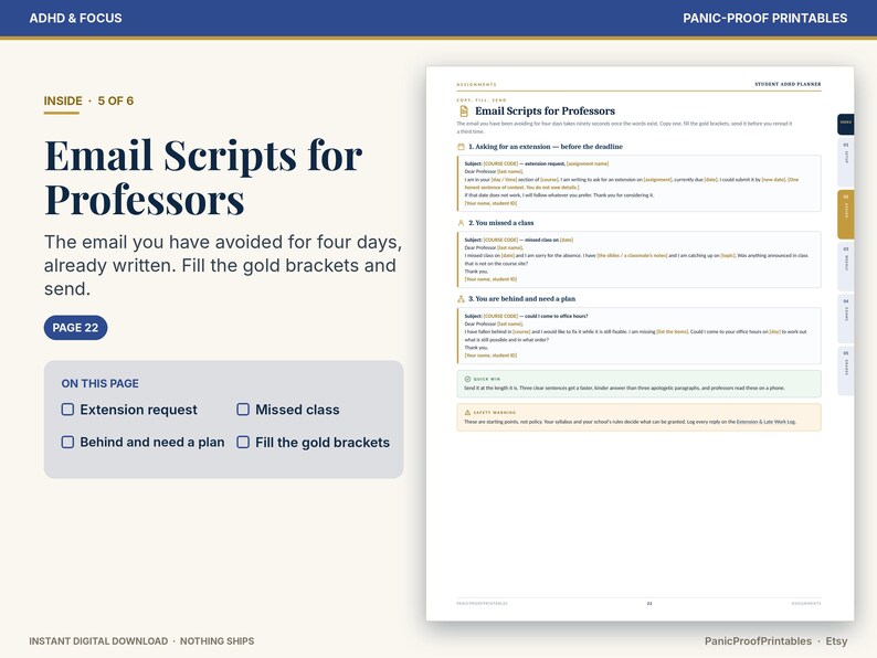 Puede incluir: Una p&aacute;gina de planificador digital titulada Email Scripts for Professors, con plantillas para solicitudes de extensi&oacute;n, clases perdidas y planificaci&oacute;n. El dise&ntilde;o incluye corchetes dorados para personalizar, texto instructivo y pesta&ntilde;as laterales.