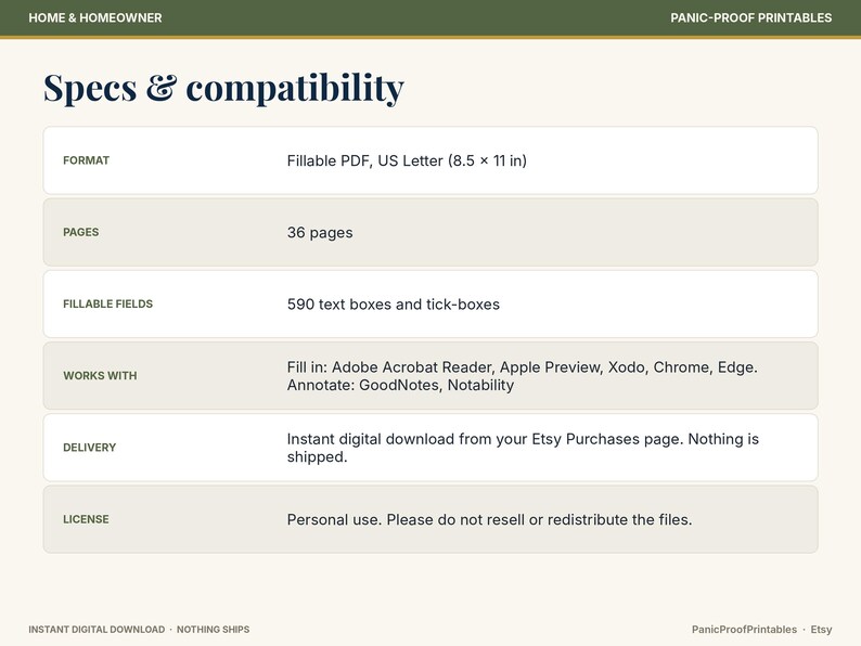 Puede incluir: Una hoja de especificaciones digitales titulada Specs & compatibility. Enumera un PDF rellenable de 36 p&aacute;ginas en formato US Letter de 21,59 x 27,94 cm con 590 cuadros de texto y casillas de verificaci&oacute;n. Compatible con Adobe Acrobat, Apple Preview, Xodo, Chrome, Edge, GoodNotes y Notability.