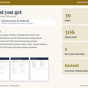 May include: A digital YouTube Creator AI Toolkit PDF featuring 39 pages and 306 fillable fields. Includes a start-here guide, video idea planner, title formula bank, five script frameworks, and a hook vault. Three document previews are shown.