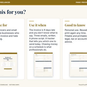 May include: A digital invoice and payment chase kit for freelancers, featuring three sections titled Is this for you?, Made for, and Use it when. The document includes fillable templates for tracking payments, email scripts, and invoice management.