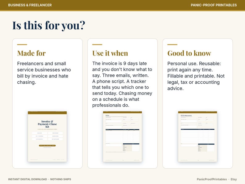 May include: A digital invoice and payment chase kit for freelancers, featuring three sections titled Is this for you?, Made for, and Use it when. The document includes fillable templates for tracking payments, email scripts, and invoice management.