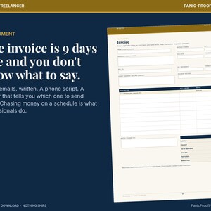 May include: A digital invoice template on a dark blue background with the text: The moment. The invoice is 9 days late and you don't know what to say. Three emails, written. A phone script. A tracker that tells you which one to send today.
