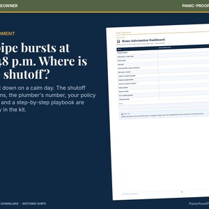 Puede incluir: Un documento digital imprimible titulado Home Information Dashboard que presenta una tabla con campos para direcci&oacute;n, proveedores de servicios y detalles de seguros, sobre un fondo azul oscuro con texto blanco sobre preparaci&oacute;n para emergencias.