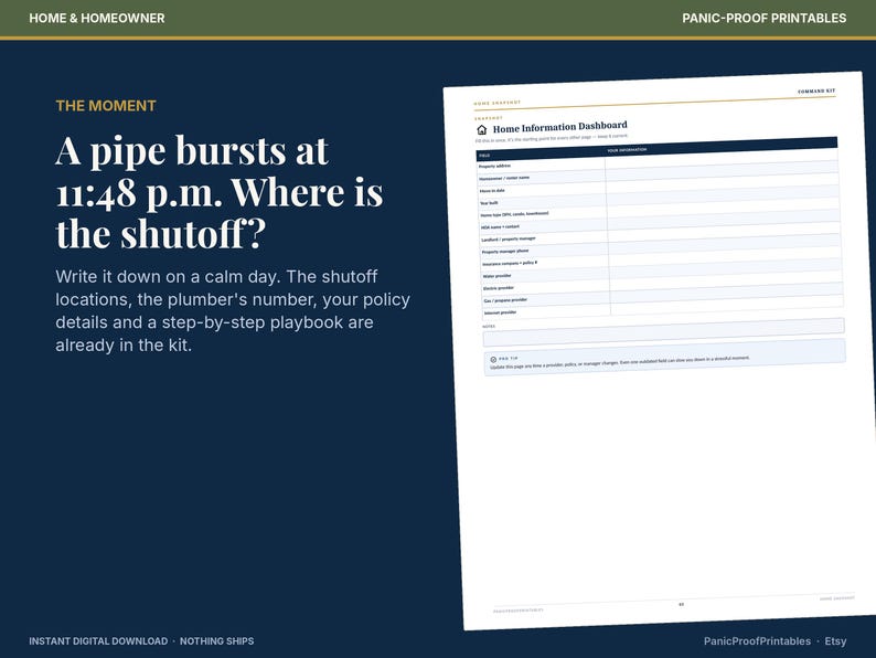 Puede incluir: Un documento digital imprimible titulado Home Information Dashboard que presenta una tabla con campos para direcci&oacute;n, proveedores de servicios y detalles de seguros, sobre un fondo azul oscuro con texto blanco sobre preparaci&oacute;n para emergencias.