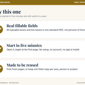 May include: A digital document template titled Why this one, featuring three sections with gold checkmark icons. Text includes Real fillable fields with 94 typeable boxes, Start in five minutes with no setup, and Made to be reused for printing.