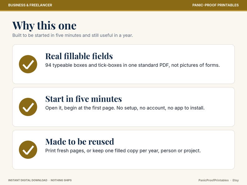 May include: A digital document template titled Why this one, featuring three sections with gold checkmark icons. Text includes Real fillable fields with 94 typeable boxes, Start in five minutes with no setup, and Made to be reused for printing.