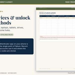 May include: A printable document titled Devices & unlock methods for phones, laptops, tablets, drives, and smart-home hubs. It features a table with columns for device, PIN code, unlock method, who holds the code, backup, and data contents.