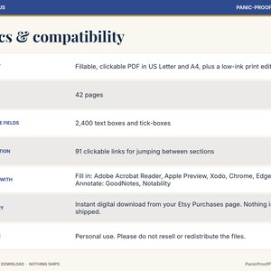 以下が含まれることがあります： 「Specs & compatibility」と題されたデジタル製品の仕様表。42ページ、2,400個の入力可能なテキストボックスとチェックボックス、91個のクリック可能なナビゲーションリンク、Adobe Acrobat、GoodNotes、Notabilityとの互換性などの詳細が記載されています。