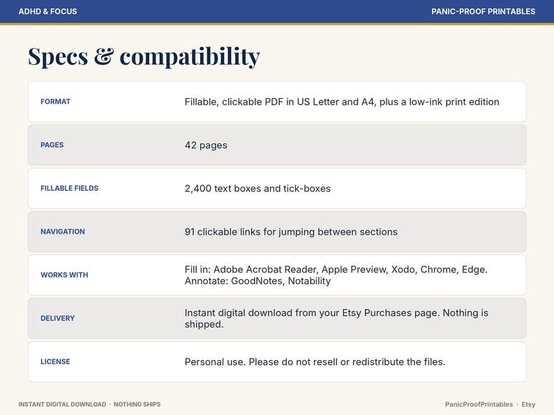 以下が含まれることがあります： 「Specs & compatibility」と題されたデジタル製品の仕様表。42ページ、2,400個の入力可能なテキストボックスとチェックボックス、91個のクリック可能なナビゲーションリンク、Adobe Acrobat、GoodNotes、Notabilityとの互換性などの詳細が記載されています。
