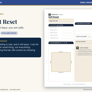 May include: A digital printable worksheet titled Soft Reset featuring sections for 5-4-3-2-1 grounding, box breathing, worry tracking, and a kind reminder. The layout includes fillable fields, dark blue headers, and a light beige background.