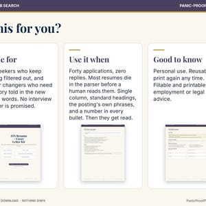 May include: A digital document titled Career & Job Search Panic-Proof Printables. It features three sections: Made for, Use it when, and Good to know, detailing an ATS resume and cover letter kit for job seekers, including fillable templates.