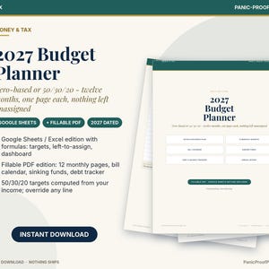 May include: A 2027 Budget Planner digital template featuring a cream-colored background with dark green accents. The text includes 2027 Budget Planner, Google Sheets, Fillable PDF, and Instant Download. It outlines features like zero-based budgeting, monthly pages, bill calendars, and debt trackers.