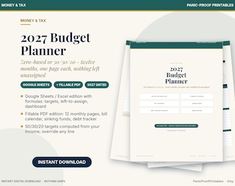 May include: A 2027 Budget Planner digital template featuring a cream-colored background with dark green accents. The text includes 2027 Budget Planner, Google Sheets, Fillable PDF, and Instant Download. It outlines features like zero-based budgeting, monthly pages, bill calendars, and debt trackers.