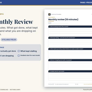 May include: A digital planner page titled Monthly Review with six fillable fields for tracking tasks, stalls, and habits. The layout includes sections for what got done, what stalled, and what is being dropped, with a side tab navigation bar.