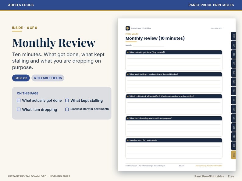 May include: A digital planner page titled Monthly Review with six fillable fields for tracking tasks, stalls, and habits. The layout includes sections for what got done, what stalled, and what is being dropped, with a side tab navigation bar.