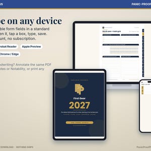 May include: A digital planner set featuring a laptop, tablet, and smartphone displaying the 2027 First Gear ADHD planner. The interface includes fillable PDF fields, habit grids, and monthly planning pages with dark blue and gold accents.