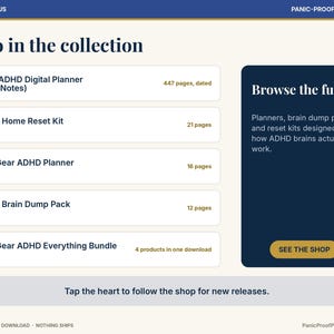 May include: A digital collection menu titled Also in the collection featuring a 2027 ADHD Digital Planner, ADHD Home Reset Kit, First Gear ADHD Planner, ADHD Brain Dump Pack, and First Gear ADHD Everything Bundle with a dark blue sidebar.