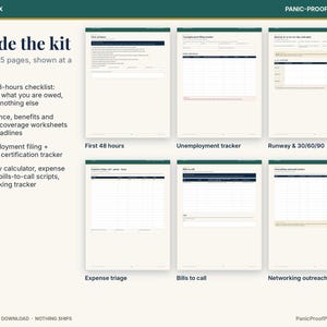 May include: A digital printable kit featuring six pages of financial and tax planning documents, including a first-48-hours checklist, unemployment tracker, runway calculator, expense triage, bills-to-call scripts, and a networking outreach tracker.