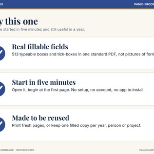 May include: A digital product information graphic titled ADHD & FOCUS and PANIC-PROOF PRINTABLES. It lists three features: Real fillable fields with 513 typeable boxes, Start in five minutes with no setup, and Made to be reused for fresh pages.