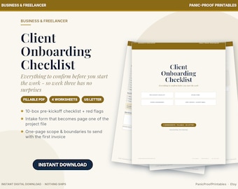 May include: A digital Client Onboarding Checklist document set featuring a fillable PDF, four worksheets, and US Letter sizing. The design uses a cream background with dark blue text and gold accents, including a 10-box pre-kickoff checklist.