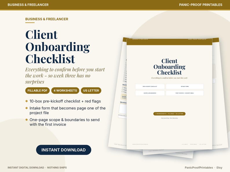 May include: A digital Client Onboarding Checklist document set featuring a fillable PDF, four worksheets, and US Letter sizing. The design uses a cream background with dark blue text and gold accents, including a 10-box pre-kickoff checklist.