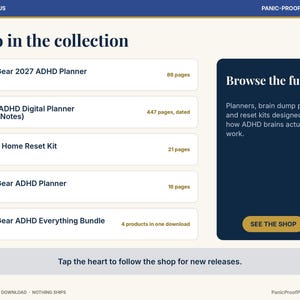 Puede incluir: Un men&uacute; de productos digitales titulado ADHD & Focus y Panic-Proof Printables. Enumera art&iacute;culos que incluyen First Gear 2027 ADHD Planner, 2027 ADHD Digital Planner, ADHD Home Reset Kit, First Gear ADHD Planner y First Gear ADHD Everything Bundle.