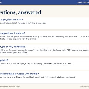May include: An informational graphic titled Questions, answered with a blue header and footer. It lists five FAQs regarding a digital download, covering physical product status, app compatibility, typing versus handwriting, printing, and file support.