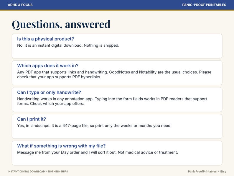 May include: An informational graphic titled Questions, answered with a blue header and footer. It lists five FAQs regarding a digital download, covering physical product status, app compatibility, typing versus handwriting, printing, and file support.