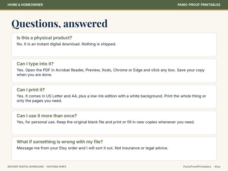 May include: A digital informational graphic titled Questions, answered with a dark green header and cream background. It lists five frequently asked questions and answers regarding digital downloads, PDF editing, printing, personal use, and support.