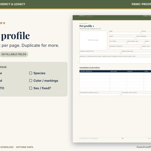 May include: A printable pet profile worksheet featuring fields for name, species, breed, color, markings, sex, and vaccination records. The document includes a designated photo box and 38 fillable fields, presented on a cream background with dark green headers.