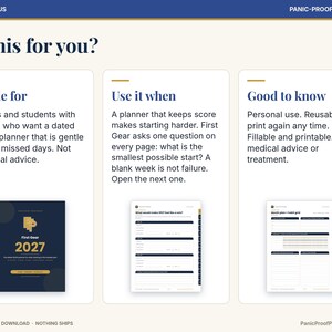 May include: A digital planner information sheet titled ADHD & FOCUS and PANIC-PROOF PRINTABLES. It features three columns detailing the 2027 First Gear planner, including its purpose for adults and students, usage instructions, and printable features.