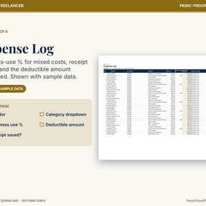 May include: A digital expense log template featuring columns for vendor, category, amount, business-use percentage, and deductible amount. The document includes sample data and checkboxes for tracking receipt status, organized in a spreadsheet format.