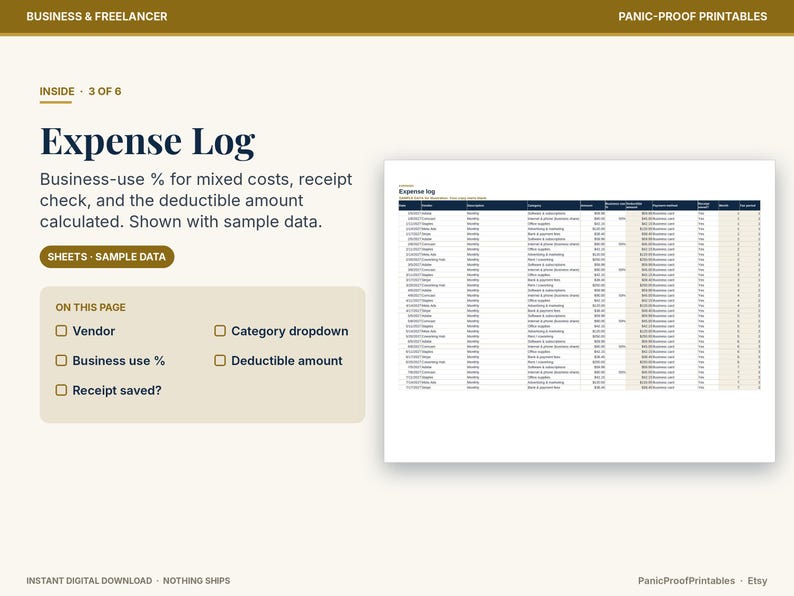 May include: A digital expense log template featuring columns for vendor, category, amount, business-use percentage, and deductible amount. The document includes sample data and checkboxes for tracking receipt status, organized in a spreadsheet format.