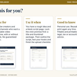 May include: A digital planning document titled Business & Freelancer Panic-Proof Printables. It features three sections: Made for, Use it when, and Good to know, detailing a YouTube creator workflow with three printable templates for video planning.