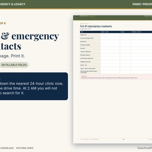 May include: A printable worksheet titled Vet & emergency contacts with 48 fillable fields. The document includes a table for contact information and a dark blue box with the text: Careful. Write down the nearest 24-hour clinic now.