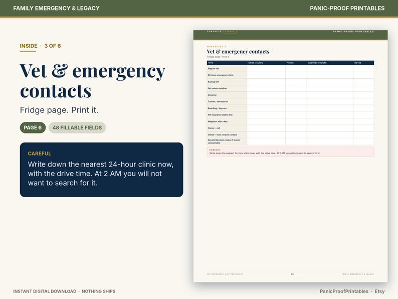 May include: A printable worksheet titled Vet & emergency contacts with 48 fillable fields. The document includes a table for contact information and a dark blue box with the text: Careful. Write down the nearest 24-hour clinic now.