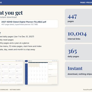 May include: A digital planner titled 2027-ADHD-Dated-Digital-Planner-FILLABLE.pdf featuring 447 pages, 10,004 internal links, and 365 dated daily pages. The layout includes monthly calendars, weekly reset pages, a dopamine menu, and notes pages in a cream and dark blue color scheme.