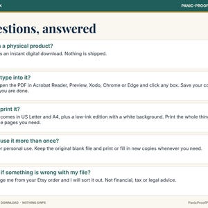 May include: An informational graphic titled Questions, answered with a dark green header and footer. It lists five FAQs about a digital download, including details on printing, typing into PDF files, and personal use policies.