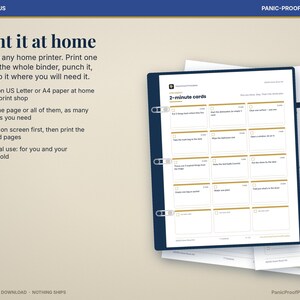 May include: A digital printable planner page titled 2-minute cards in a dark blue binder. The page features a grid of task boxes with checkboxes and text. The document includes instructions for home printing on US Letter or A4 paper sizes.