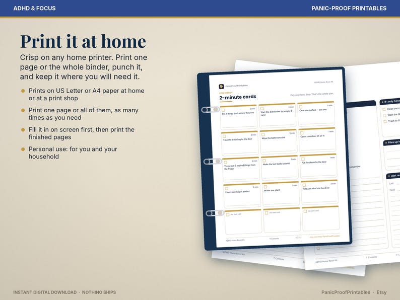 May include: A digital printable planner page titled 2-minute cards in a dark blue binder. The page features a grid of task boxes with checkboxes and text. The document includes instructions for home printing on US Letter or A4 paper sizes.