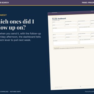 May include: A digital printable worksheet titled Weekly dashboard on a dark blue background. The text reads The moment, Which ones did I follow up on?, and Panic-Proof Printables. The form includes fields for applications, outreach, and notes.