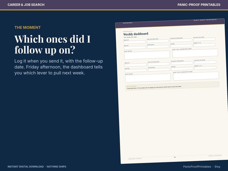 May include: A digital printable worksheet titled Weekly dashboard on a dark blue background. The text reads The moment, Which ones did I follow up on?, and Panic-Proof Printables. The form includes fields for applications, outreach, and notes.