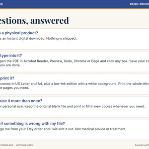 以下が含まれることがあります： Questions, answeredというタイトルの情報グラフィック。青いヘッダーとフッターが付いています。デジタルダウンロードに関する5つのよくある質問が記載されており、印刷、PDFファイルへの入力、個人利用、ファイルの問題に関するサポートの詳細が含まれています。