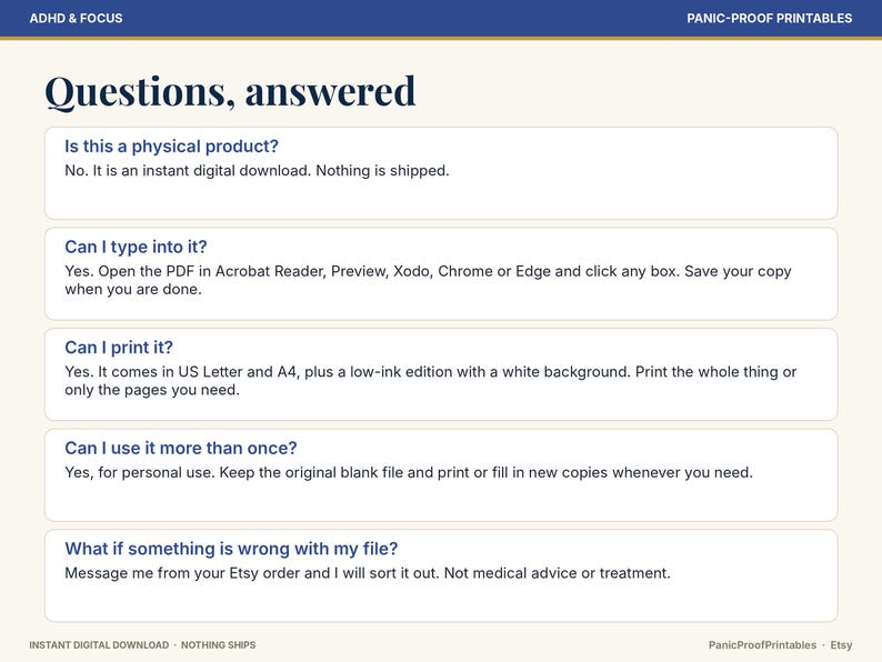 以下が含まれることがあります： Questions, answeredというタイトルの情報グラフィック。青いヘッダーとフッターが付いています。デジタルダウンロードに関する5つのよくある質問が記載されており、印刷、PDFファイルへの入力、個人利用、ファイルの問題に関するサポートの詳細が含まれています。