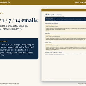 May include: A digital template document titled The three chase emails, featuring sections for day 1, day 7, and day 14 follow-up messages. The layout includes worked examples with placeholders for invoice numbers, dates, and amounts.