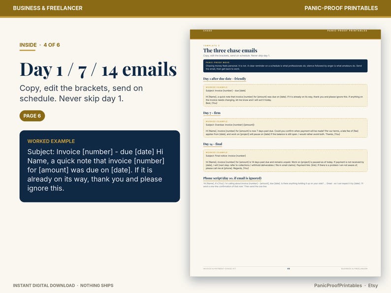 May include: A digital template document titled The three chase emails, featuring sections for day 1, day 7, and day 14 follow-up messages. The layout includes worked examples with placeholders for invoice numbers, dates, and amounts.