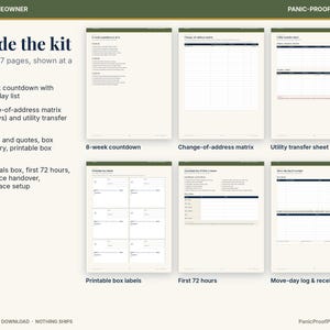 May include: A digital moving planner kit featuring six printable pages including an 8-week countdown, change-of-address matrix, utility transfer sheet, printable box labels, first 72 hours checklist, and a move-day log and receipts sheet.