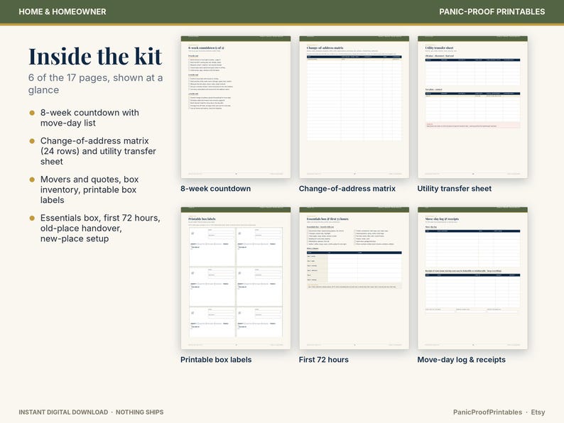 May include: A digital moving planner kit featuring six printable pages including an 8-week countdown, change-of-address matrix, utility transfer sheet, printable box labels, first 72 hours checklist, and a move-day log and receipts sheet.